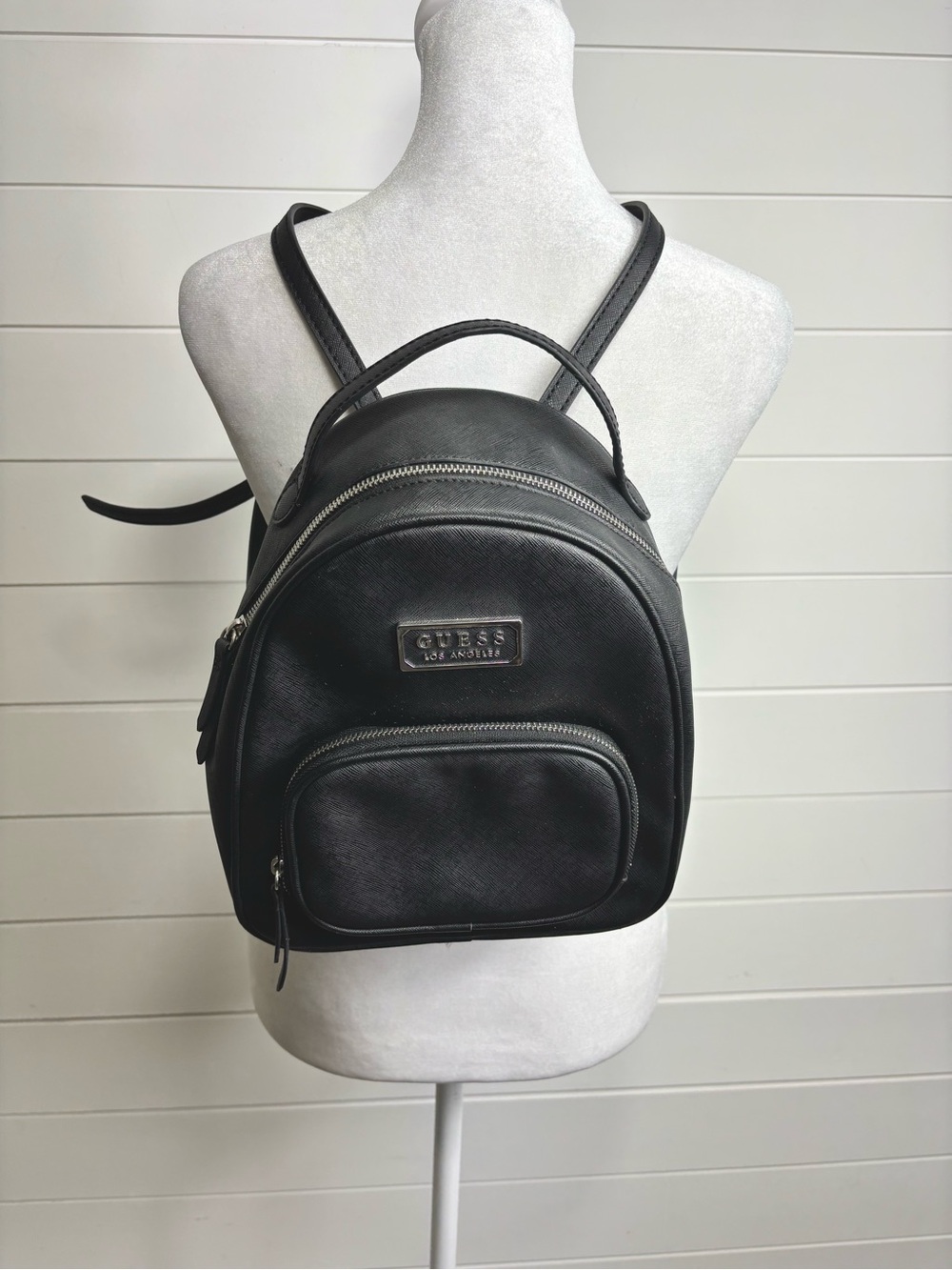 Guess Black Mini Saffiano Backpack with Silver Plaque